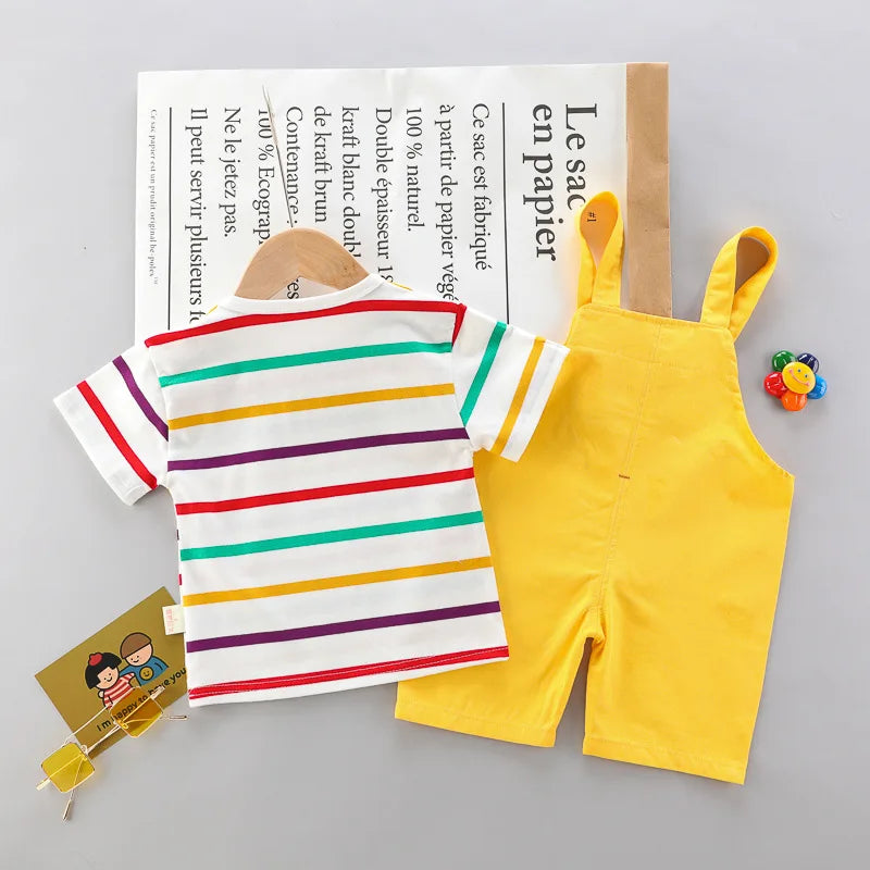 Two-piece children's dinosaur summer outfit, including a short-sleeve tee and comfortable overalls.