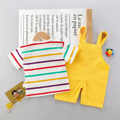 Two-piece children's dinosaur summer outfit, including a short-sleeve tee and comfortable overalls.