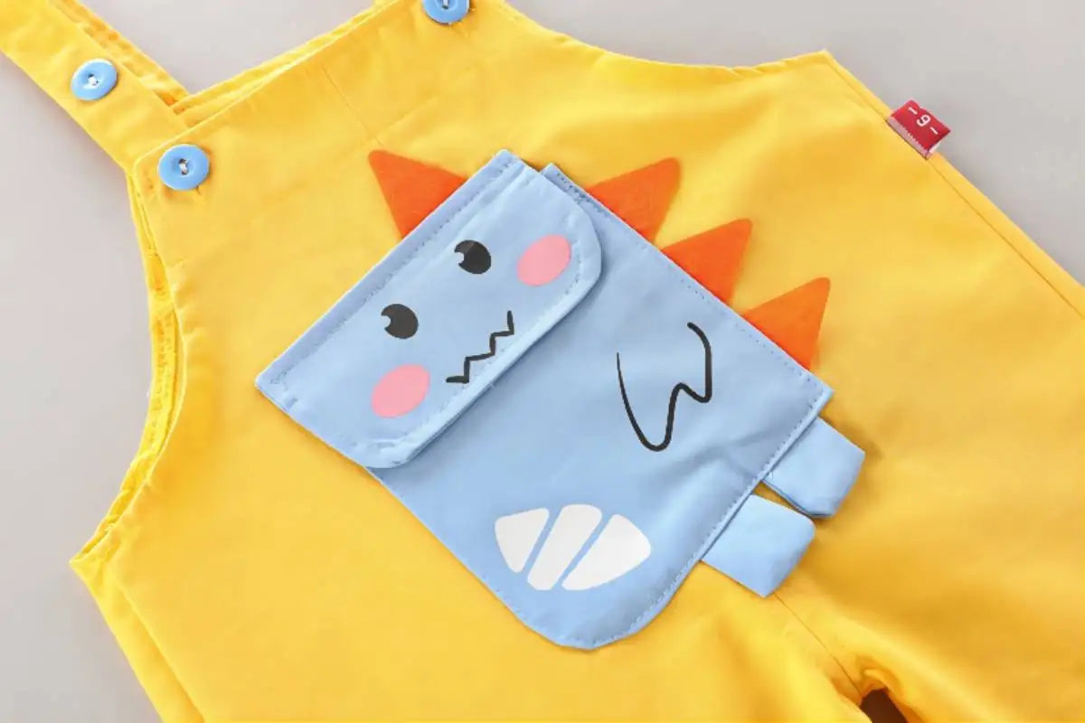 Brightly colored cotton dinosaur summer outfit for toddlers, ideal for playwear.