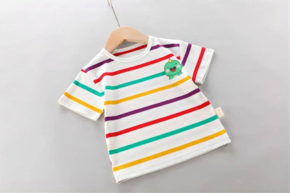 Infant summer clothing set featuring a cute dino t-shirt and short overalls, soft cotton.