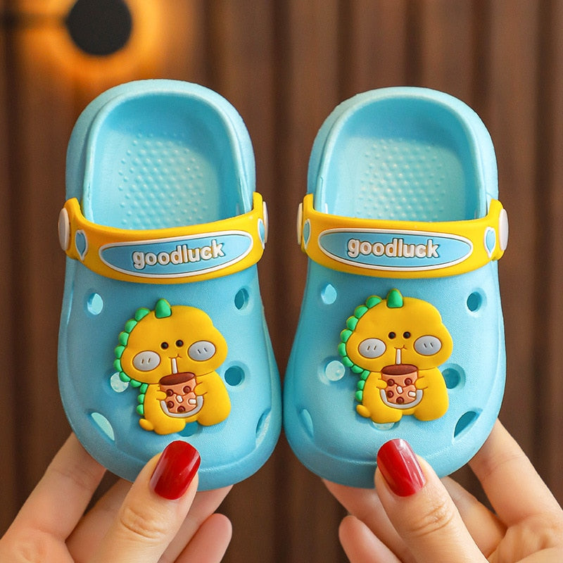 Red dinosaur kids beach shoes with adjustable ankle strap for secure fit