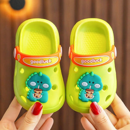 Overhead view of grey dinosaur summer footwear, suitable for all toddlers