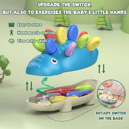 Montessori dinosaur toy for toddlers, focusing on fine motor skills, with spike sorting and counting.
