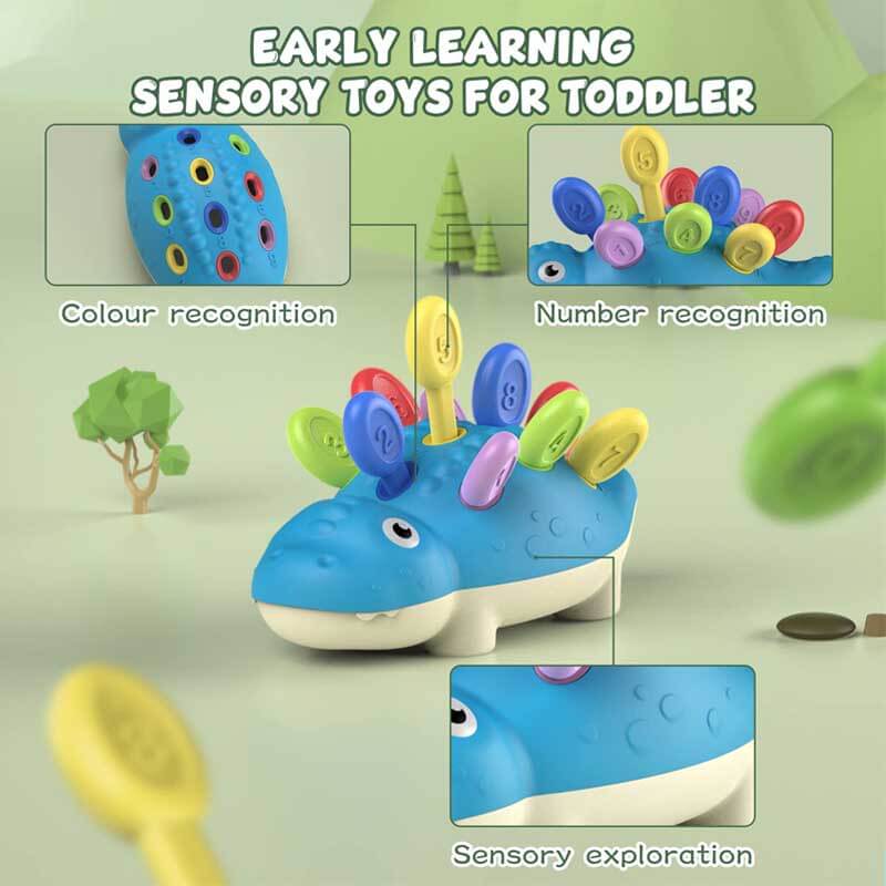 Educational toddler sensory toy: Colorful dinosaur with numbered spikes for fine motor development.