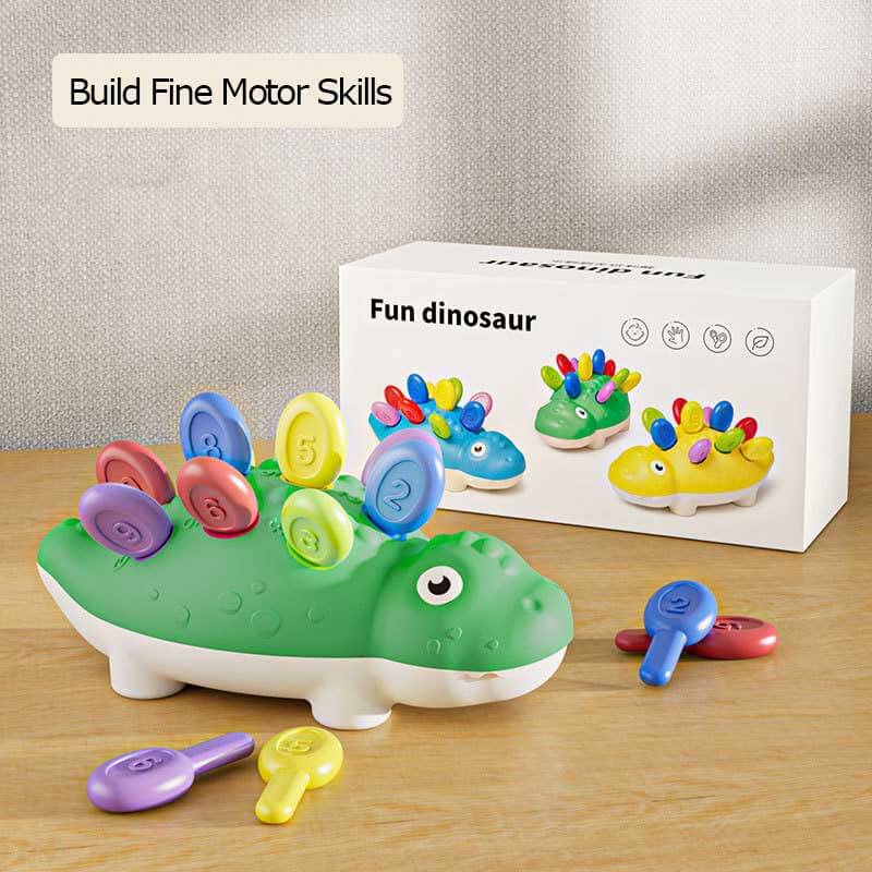 Montessori-inspired dinosaur toy aiding toddlers with counting, sorting, and fine motor skills.