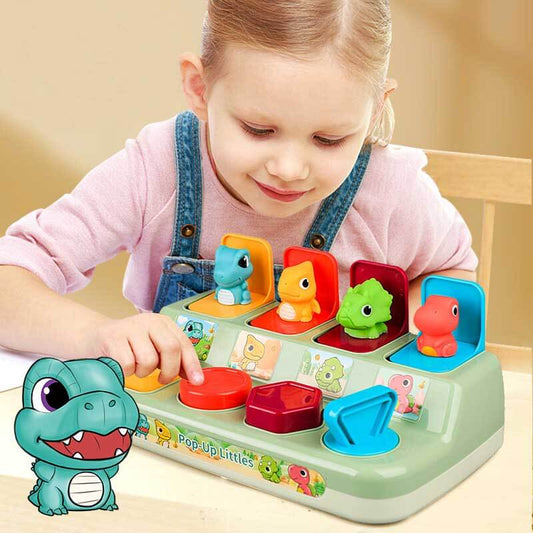 Toddler dinosaur pop-up activity toy, bright colors, developing motor skills, educational baby toy