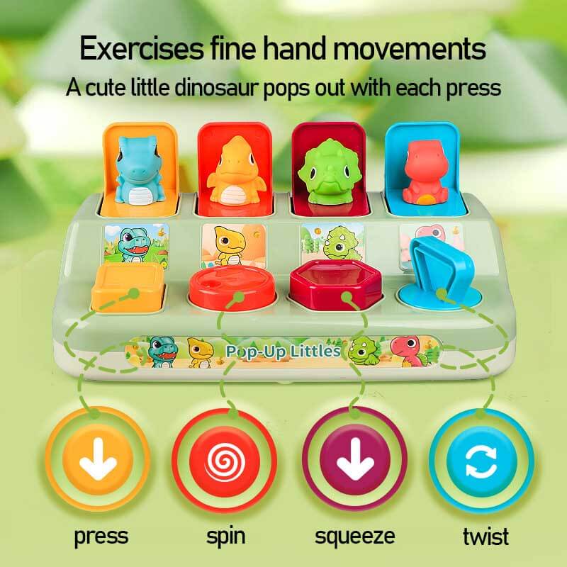 Kids playing with a colorful dinosaur pop-up activity toy, perfect developmental & travel toy