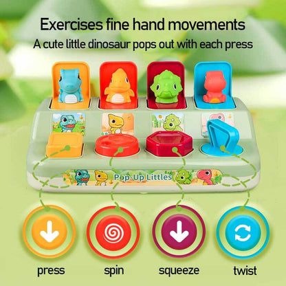 Kids playing with a colorful dinosaur pop-up activity toy, perfect developmental & travel toy