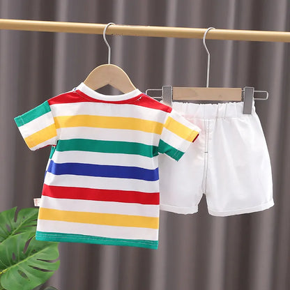 Kids' summer clothes: dinosaur T-shirt, shorts, and bag, a complete playwear outfit