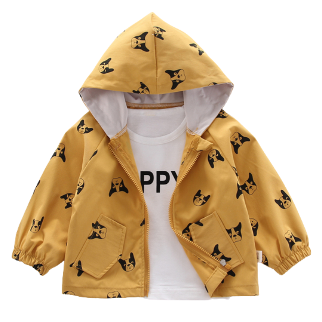 Toddler dog print hooded zipper jacket, blue with cartoon dogs, for boys and girls kids outerwear.