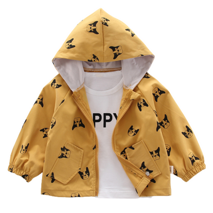 Toddler dog print hooded zipper jacket, blue with cartoon dogs, for boys and girls kids outerwear.