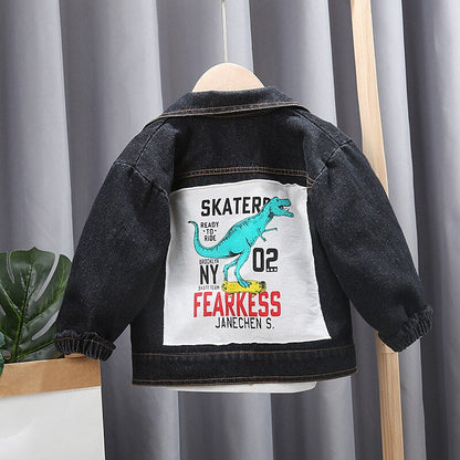 Hanging blue toddler jacket with dog print and hood, ready for fall winter wear, part of children's clothing.