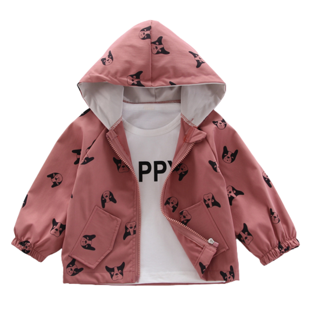 Closeup of a soft cotton toddler hooded jacket featuring an adorable dog print design and a full zipper.