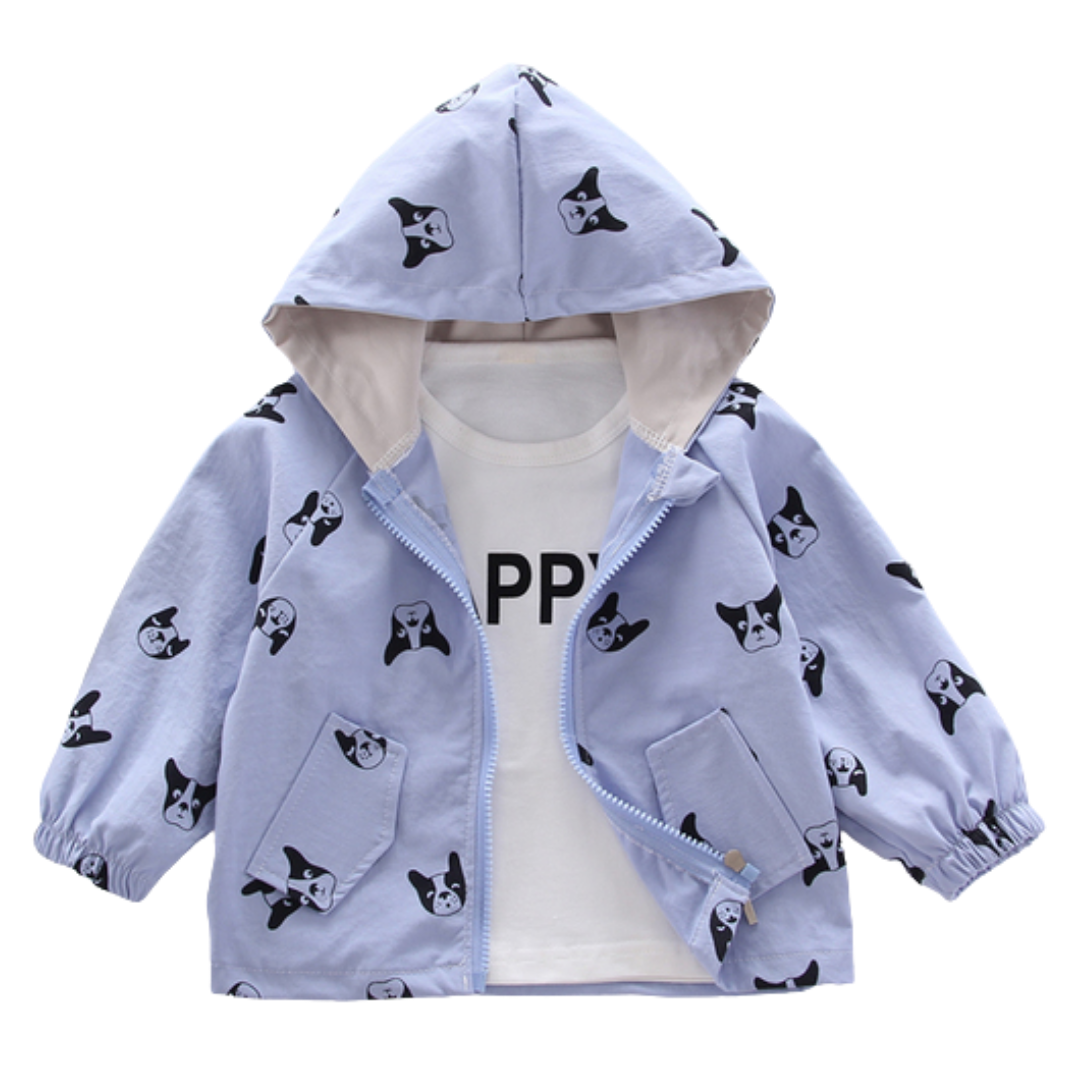 Happy toddler wearing a blue dog print hooded zipper jacket, perfect for fall and winter kids fashion.