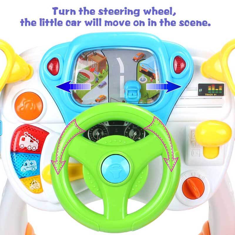 Close-up of kids steering wheel toy, black and yellow, with interactive buttons for toddler car game