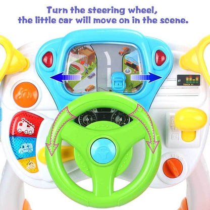 Close-up of kids steering wheel toy, black and yellow, with interactive buttons for toddler car game