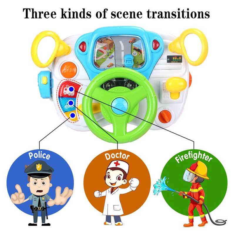 Child happily playing with a red driving simulation toy steering wheel, great for indoor activity