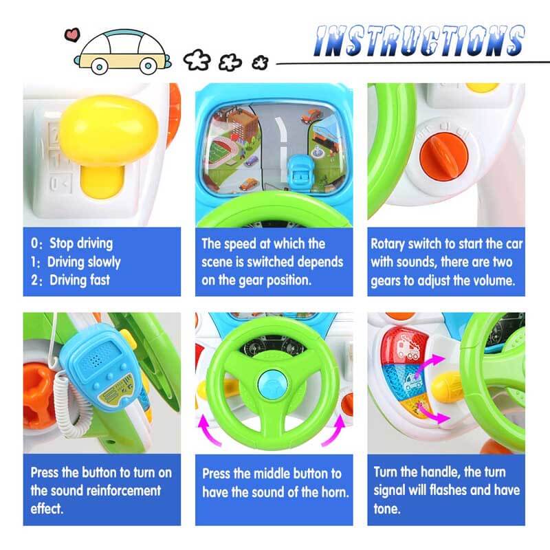 Driving simulator toy for kids, detailed view of dashboard with speedometer and horn button