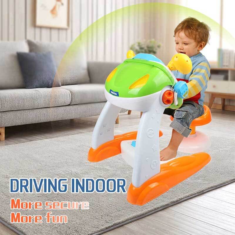 Kids car game accessory, a bright blue steering wheel toy with sound effects for immersive play