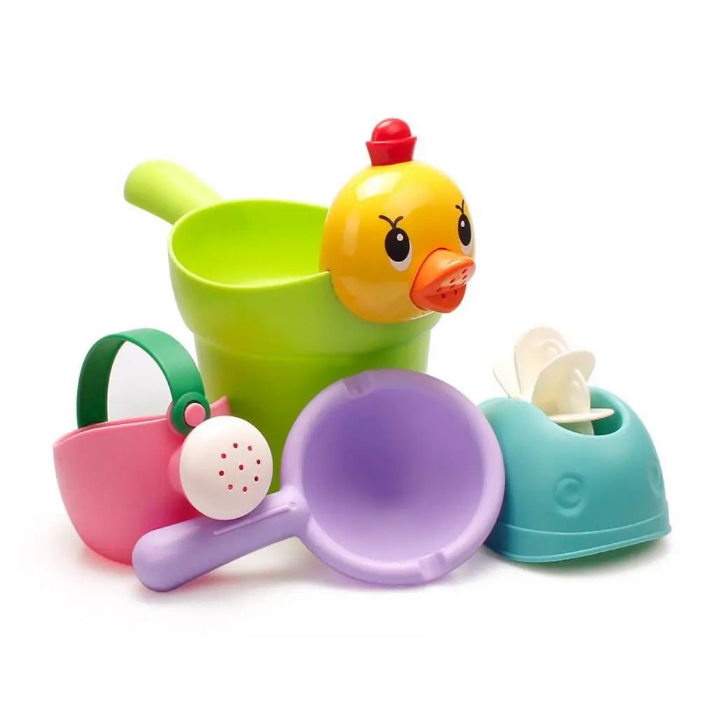 Kids' beach toy set featuring durable plastic buckets, shovels, and molds for creative outdoor play.