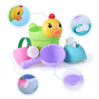 Educational water toys for toddlers, including floating plastic animals, nets & cups for bath time fun.