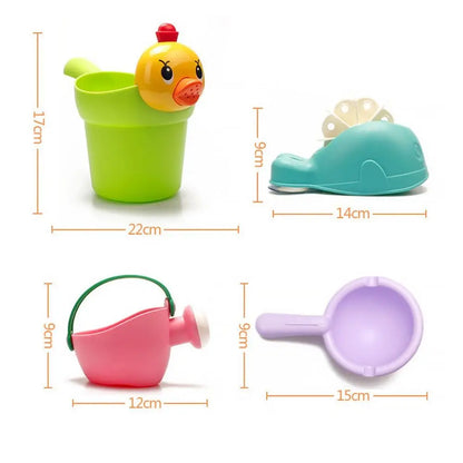 Colorful plastic bath toys designed for kids' educational play, promoting motor skills development.