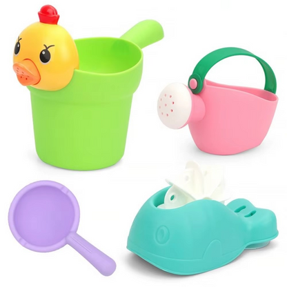 Close-up of a kids' educational bath toy, a plastic boat with stacking cups, great for water activities.