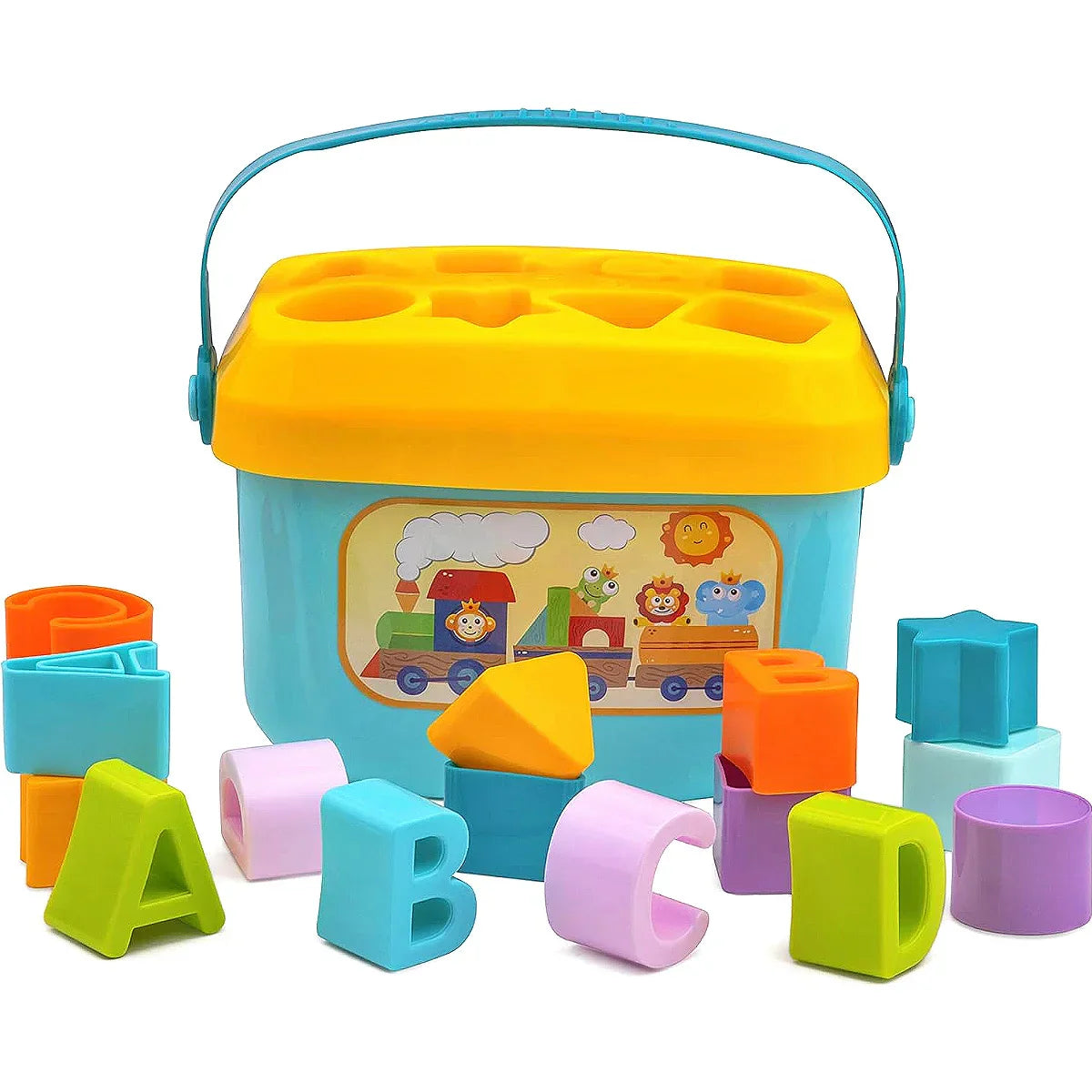 Toddler educational shape sorting bucket toy with colorful building blocks for motor skills development