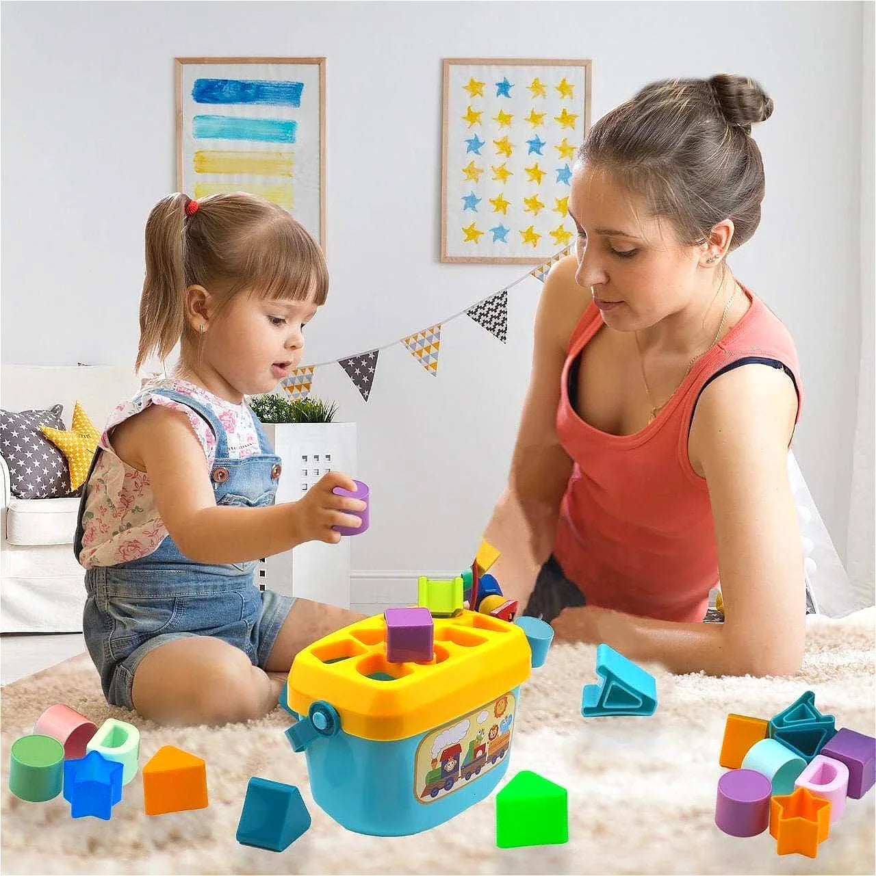 Toddler learning shape sorter toy, a Montessori bucket with bright building blocks for education