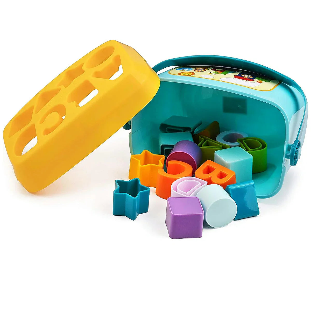 Vibrant toddler shape sorting bucket toy, an educational Montessori tool for early learning