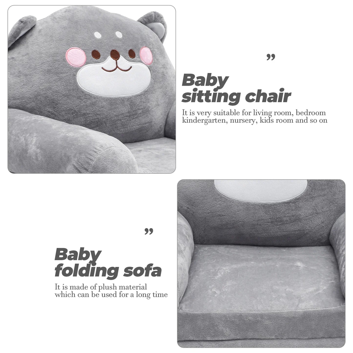 Baby sofa with elephant design, a foldable plush seat for toddlers in a playroom setting.