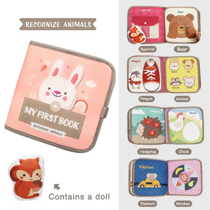 Collection of interactive elements on a busy book page: buttons, snaps, & laces, kids activity
