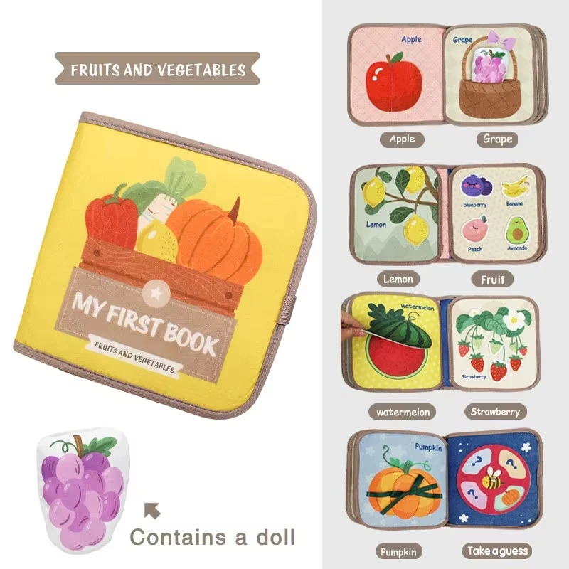 Happy toddler showing off a completed page in their educational busy book, joyful learning