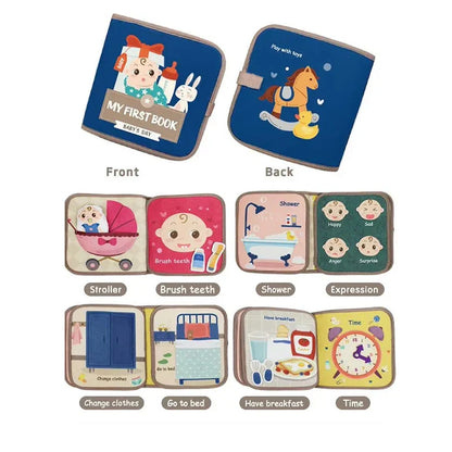 Open educational busy book showing farm animal pages, engaging toddler learning activity