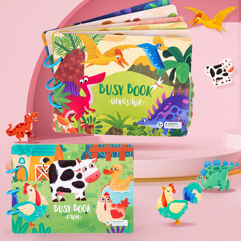 Open Quiet Book showing various sensory activities for kids, fine motor skill development, age 3+