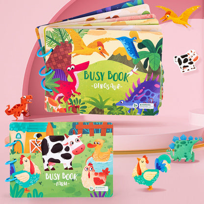 Open Quiet Book showing various sensory activities for kids, fine motor skill development, age 3+