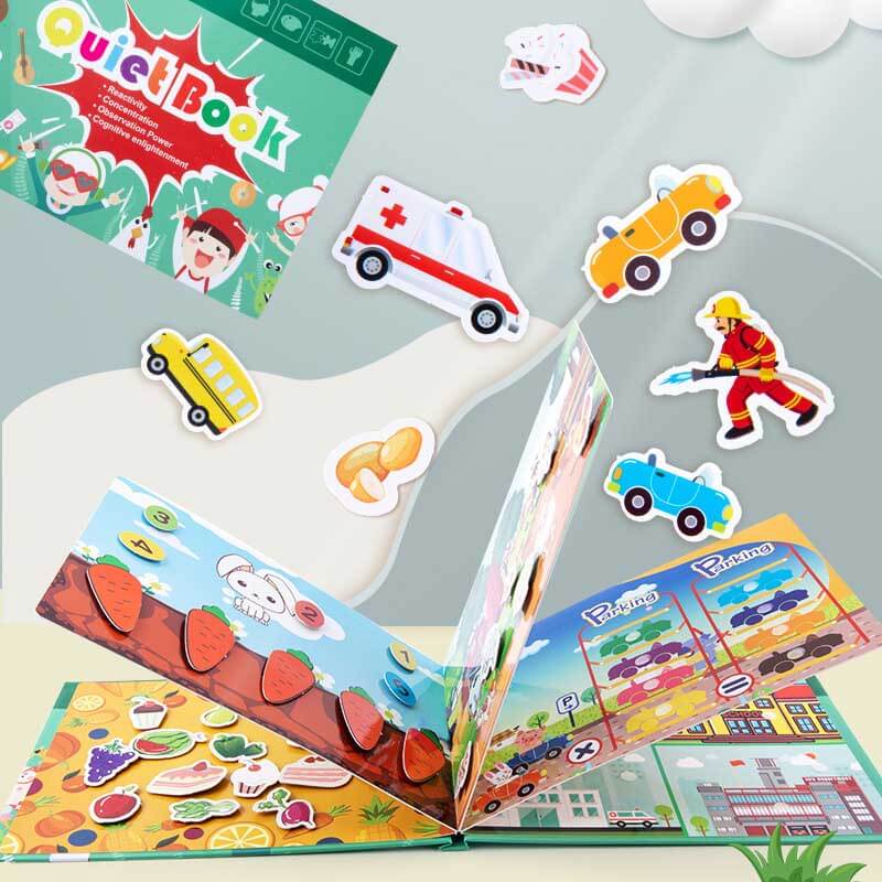 Felt quiet book spread open, highlighting a matching game for cognitive learning and sensory exploration