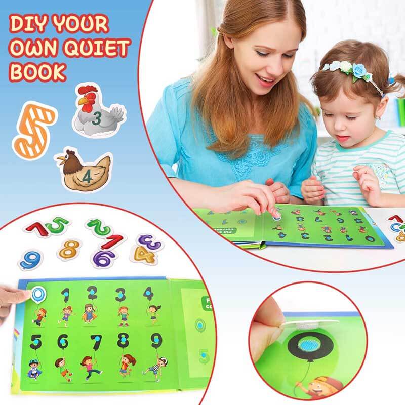 Hand holding a felt quiet book, showcasing its compact size and engaging activities, ideal travel toy