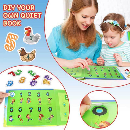 Hand holding a felt quiet book, showcasing its compact size and engaging activities, ideal travel toy