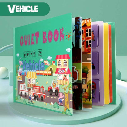 Travel-friendly felt quiet book, open to an interactive page, perfect for quiet time and early development