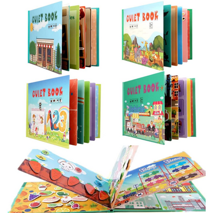 Toddler engaged with interactive learning busy book, developing fine motor skills and shape recognition.