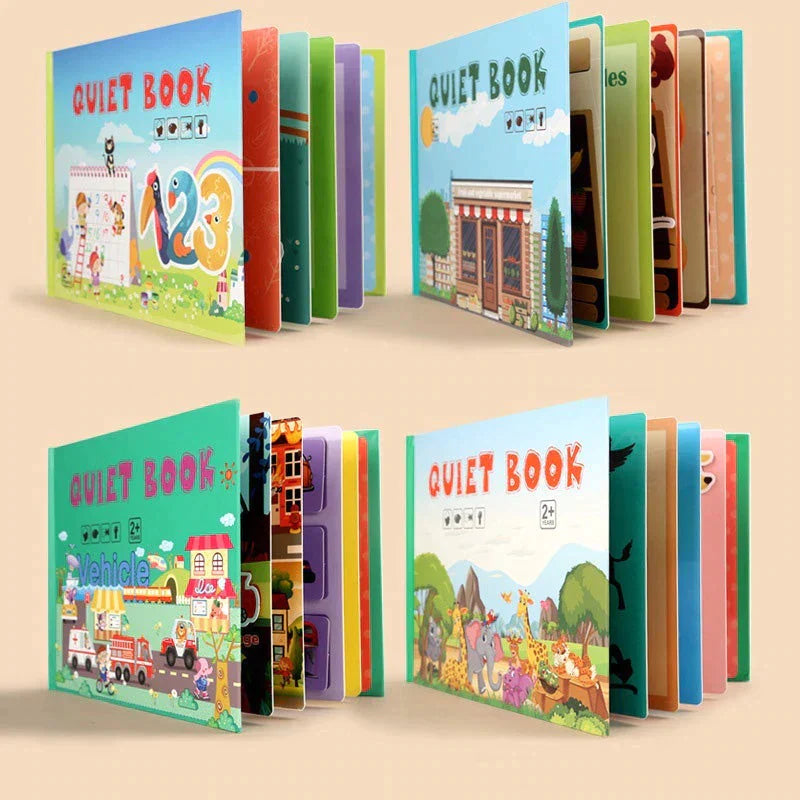 Portable busy book for children, ideal for travel and quiet learning activities.