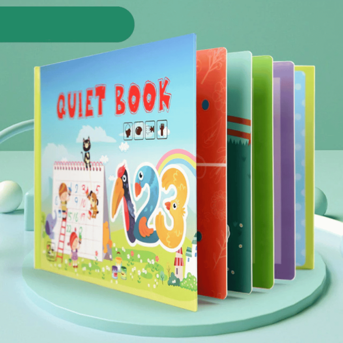 Happy child playing with a busy book, focused on an educational activity that builds skills.