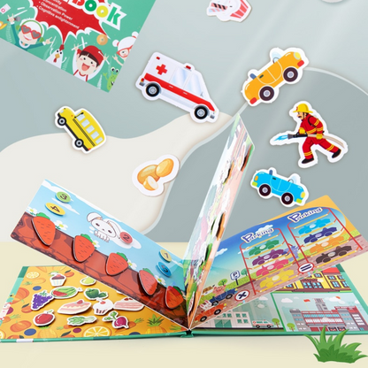 Open interactive busy book displaying learning tasks for children, promoting skill development.