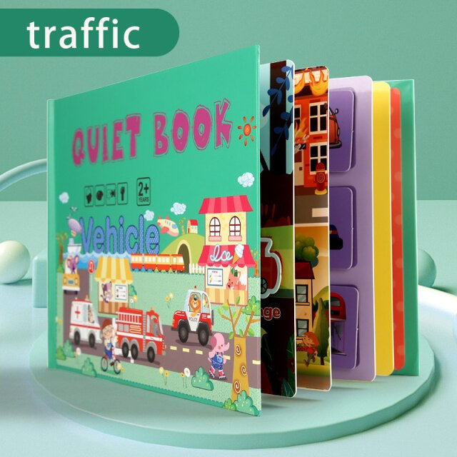 Educational toy: busy book with multiple pages designed for toddler learning and engagement.