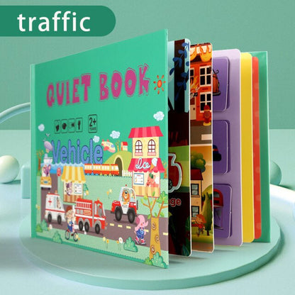 Educational toy: busy book with multiple pages designed for toddler learning and engagement.