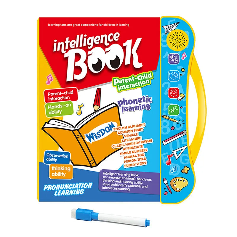 Toddler English musical learning book with colorful alphabet & numbers for early literacy.