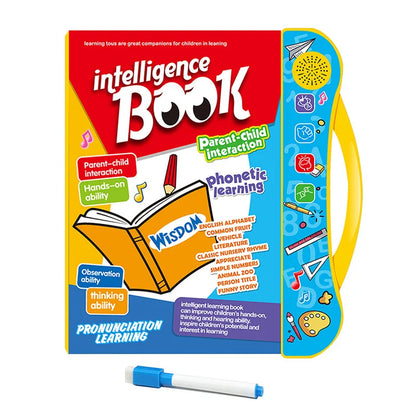 Toddler English musical learning book with colorful alphabet & numbers for early literacy.