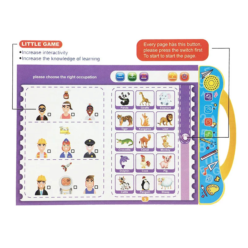 Kids' educational musical book teaching English alphabet, numbers & language development.