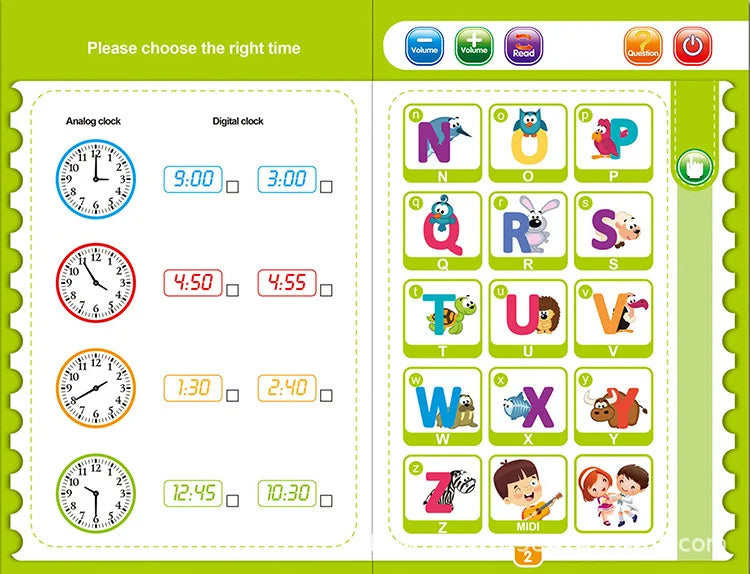 Early literacy musical book for kids, featuring English alphabet, numbers & sounds.
